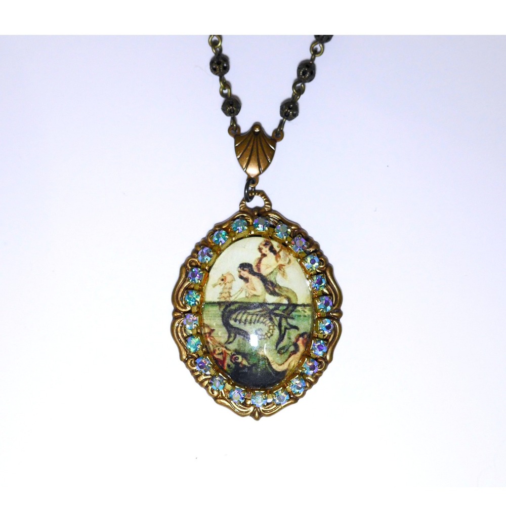 Mermaid Pendant Necklace OS Bronze AB Rhinestone Nautical Victorian